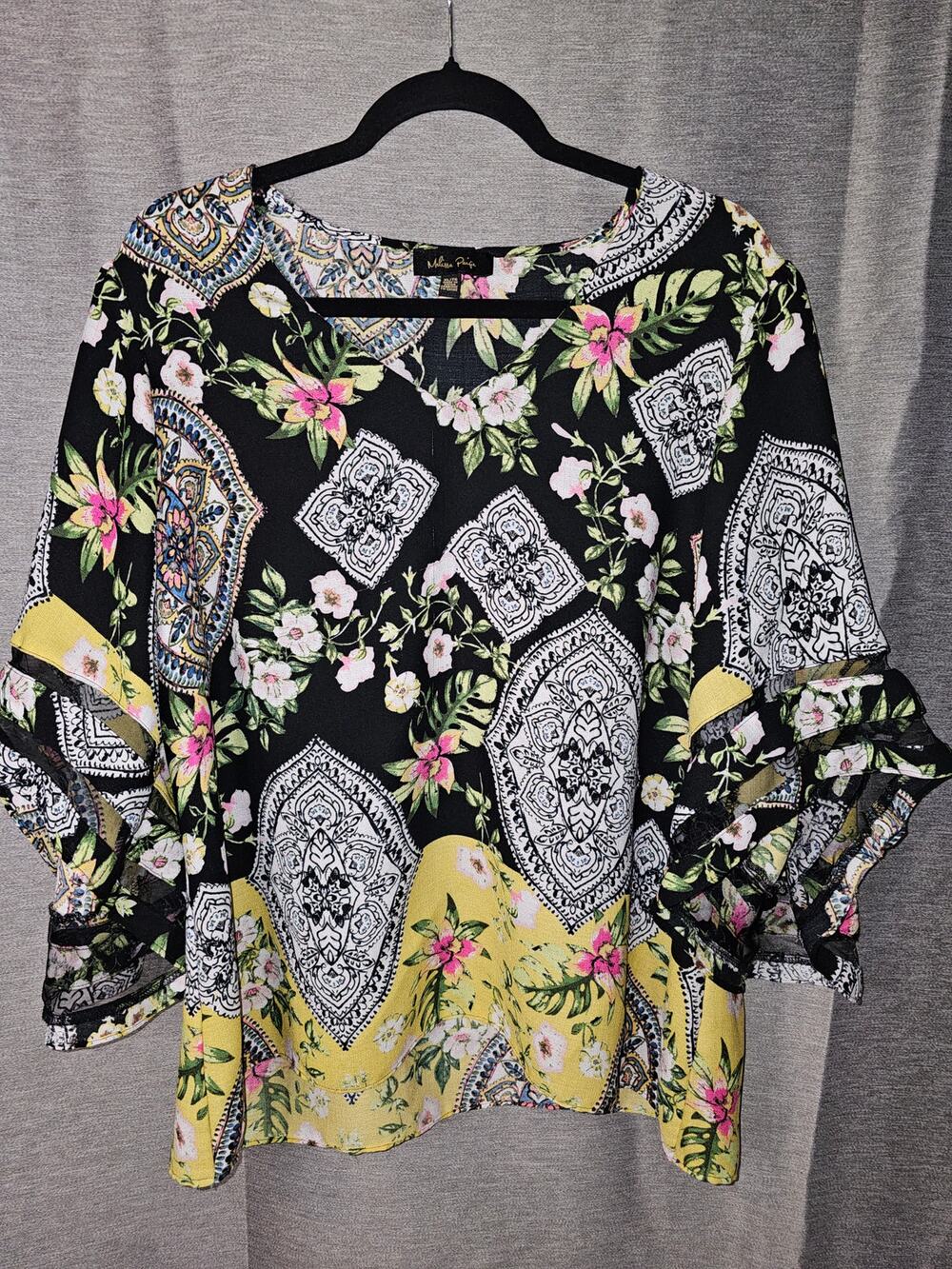 Melissa Paige 3/4 Sleeve Hi-Lo Tunic Boho Size XL Floral Yellow Black